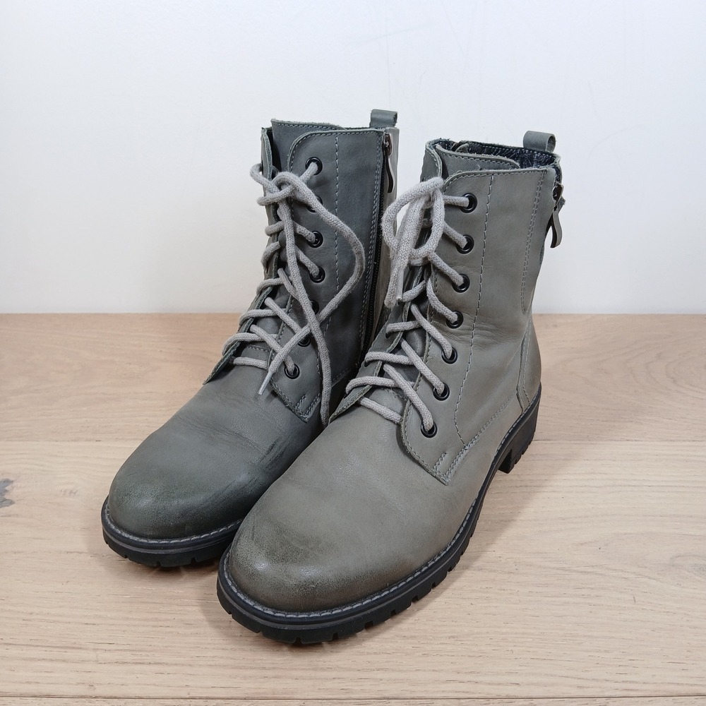 V Italia Boot Women 7.5 Gray Leather Combat Lace Up Side Zip Lug Sole Streetwear